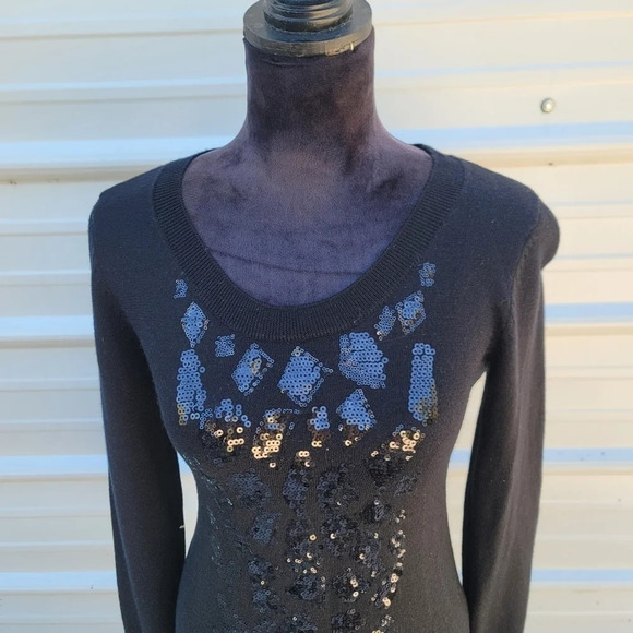 Calvin Klein Women's Black Sequin Embellished Long Sleeve Wool Blend Sweater XS - Picture 6 of 8